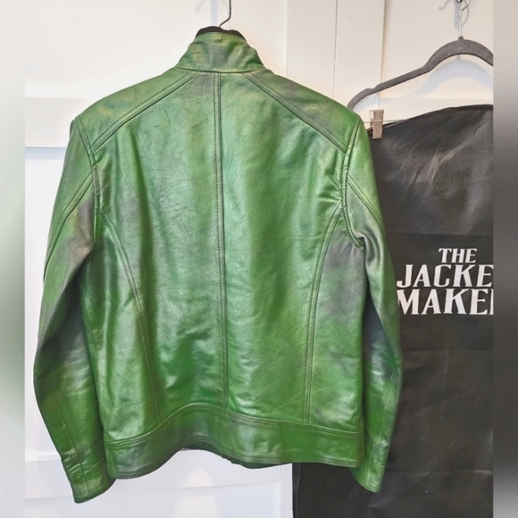 THE JACKET MAKER , MEN'S Darren Distressed Green Leather Biker Jacket - Picture 4 of 10